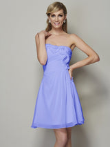 A-Line Charming Strapless Sleeveless Pleats Applique Short Chiffon Bridesmaid Dresses