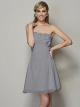 A-Line Charming Strapless Sleeveless Pleats Applique Short Chiffon Bridesmaid Dresses