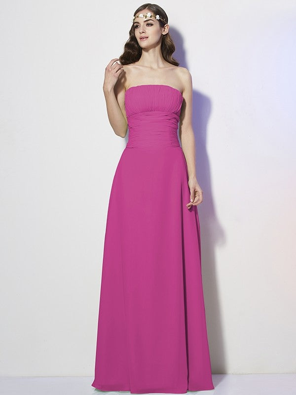 A-Line Charming Strapless Sleeveless Pleats Long Chiffon Bridesmaid Dresses