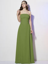 A-Line Charming Strapless Sleeveless Pleats Long Chiffon Bridesmaid Dresses