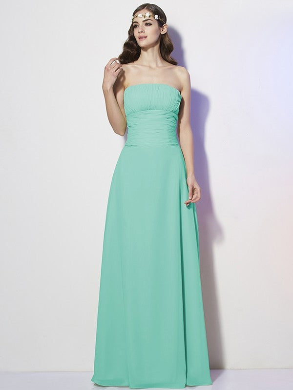 A-Line Charming Strapless Sleeveless Pleats Long Chiffon Bridesmaid Dresses