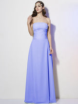 A-Line Charming Strapless Sleeveless Pleats Long Chiffon Bridesmaid Dresses