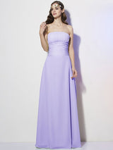 A-Line Charming Strapless Sleeveless Pleats Long Chiffon Bridesmaid Dresses