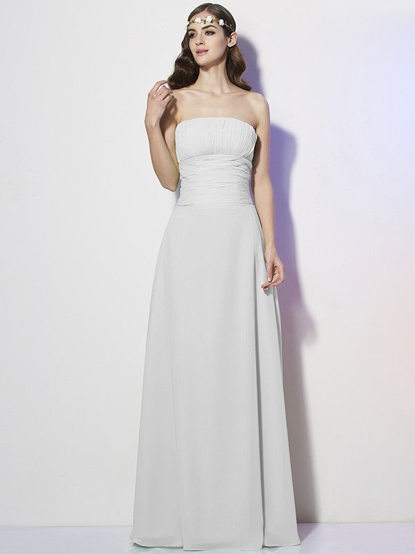 A-Line Charming Strapless Sleeveless Pleats Long Chiffon Bridesmaid Dresses