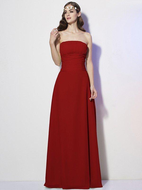 A-Line Charming Strapless Sleeveless Pleats Long Chiffon Bridesmaid Dresses