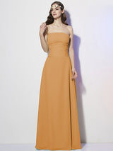 A-Line Charming Strapless Sleeveless Pleats Long Chiffon Bridesmaid Dresses