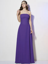 A-Line Charming Strapless Sleeveless Pleats Long Chiffon Bridesmaid Dresses