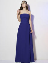 A-Line Charming Strapless Sleeveless Pleats Long Chiffon Bridesmaid Dresses