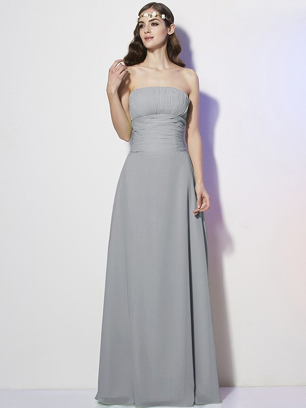 A-Line Charming Strapless Sleeveless Pleats Long Chiffon Bridesmaid Dresses