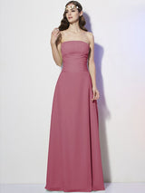 A-Line Charming Strapless Sleeveless Pleats Long Chiffon Bridesmaid Dresses