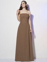 A-Line Charming Strapless Sleeveless Pleats Long Chiffon Bridesmaid Dresses