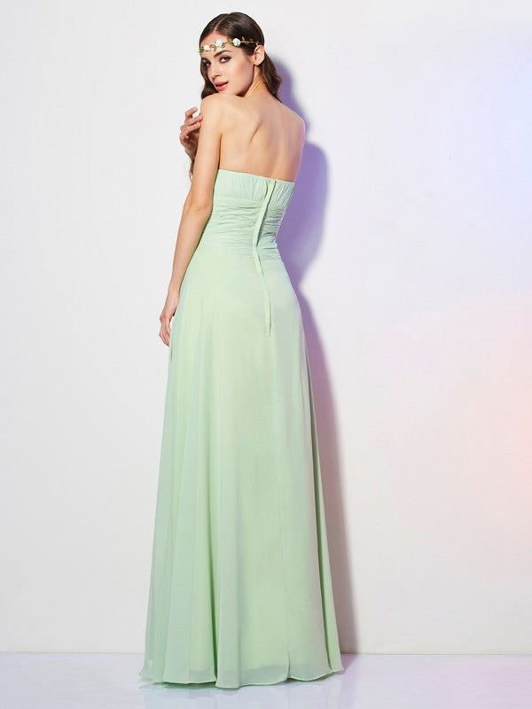 A-Line Charming Strapless Sleeveless Pleats Long Chiffon Bridesmaid Dresses