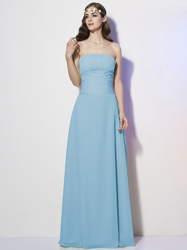 A-Line Charming Strapless Sleeveless Pleats Long Chiffon Bridesmaid Dresses