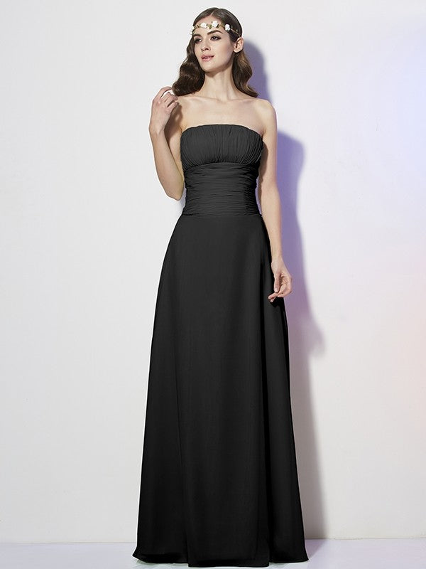 A-Line Charming Strapless Sleeveless Pleats Long Chiffon Bridesmaid Dresses