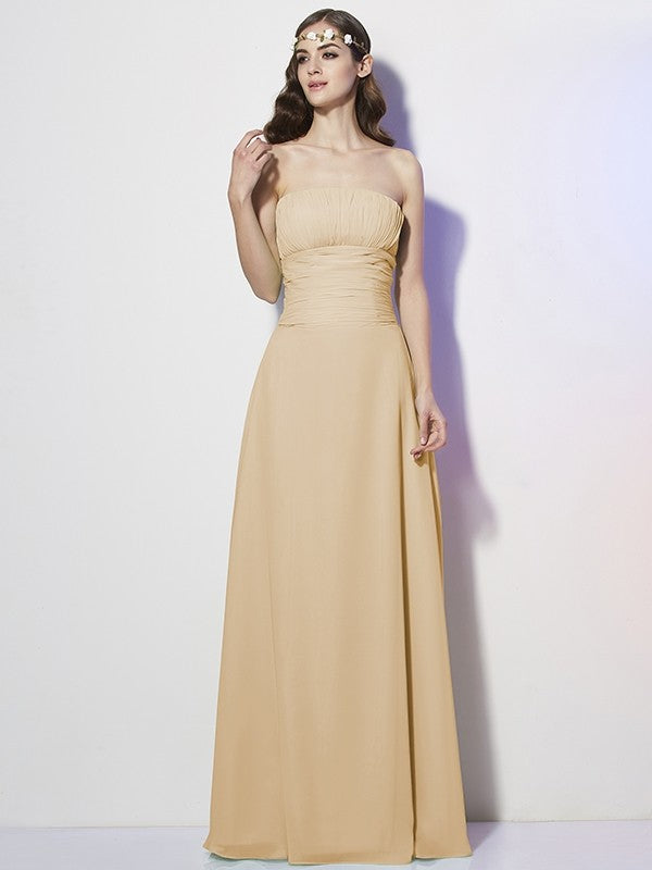 A-Line Charming Strapless Sleeveless Pleats Long Chiffon Bridesmaid Dresses