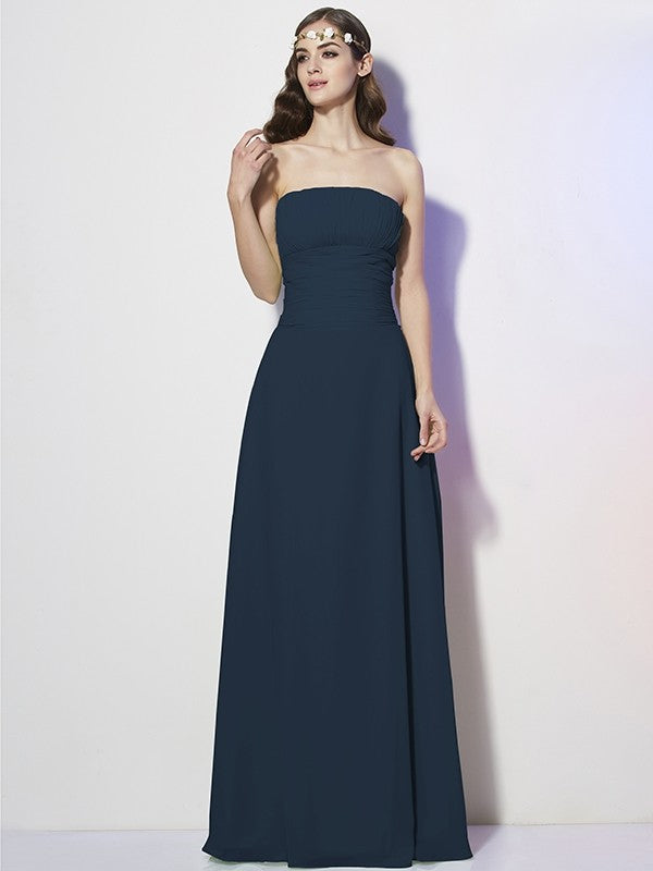 A-Line Charming Strapless Sleeveless Pleats Long Chiffon Bridesmaid Dresses