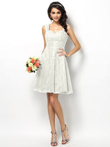 A-Line Charming Straps Lace Sleeveless Short Bridesmaid Dresses