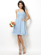 A-Line Charming Straps Lace Sleeveless Short Bridesmaid Dresses