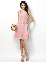 A-Line Charming Straps Lace Sleeveless Short Bridesmaid Dresses