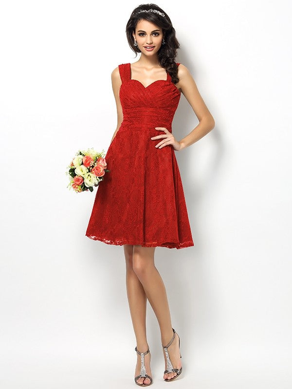 A-Line Charming Straps Lace Sleeveless Short Bridesmaid Dresses