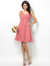 A-Line Charming Straps Lace Sleeveless Short Bridesmaid Dresses