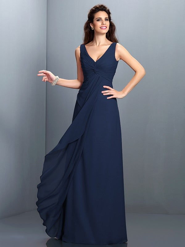 A-Line Charming Straps Pleats Sleeveless Long Chiffon Bridesmaid Dresses