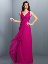 A-Line Charming Straps Pleats Sleeveless Long Chiffon Bridesmaid Dresses