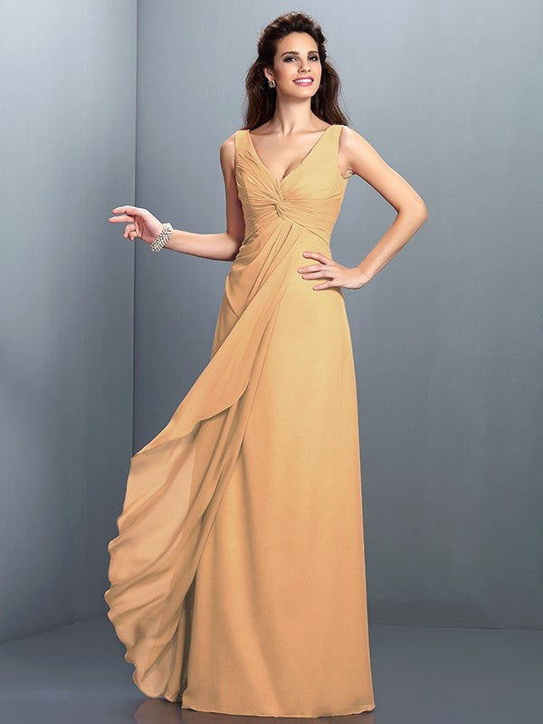 A-Line Charming Straps Pleats Sleeveless Long Chiffon Bridesmaid Dresses