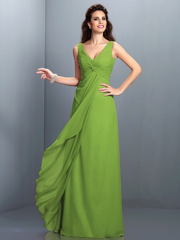 A-Line Charming Straps Pleats Sleeveless Long Chiffon Bridesmaid Dresses