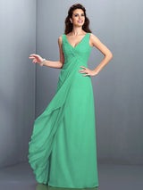 A-Line Charming Straps Pleats Sleeveless Long Chiffon Bridesmaid Dresses