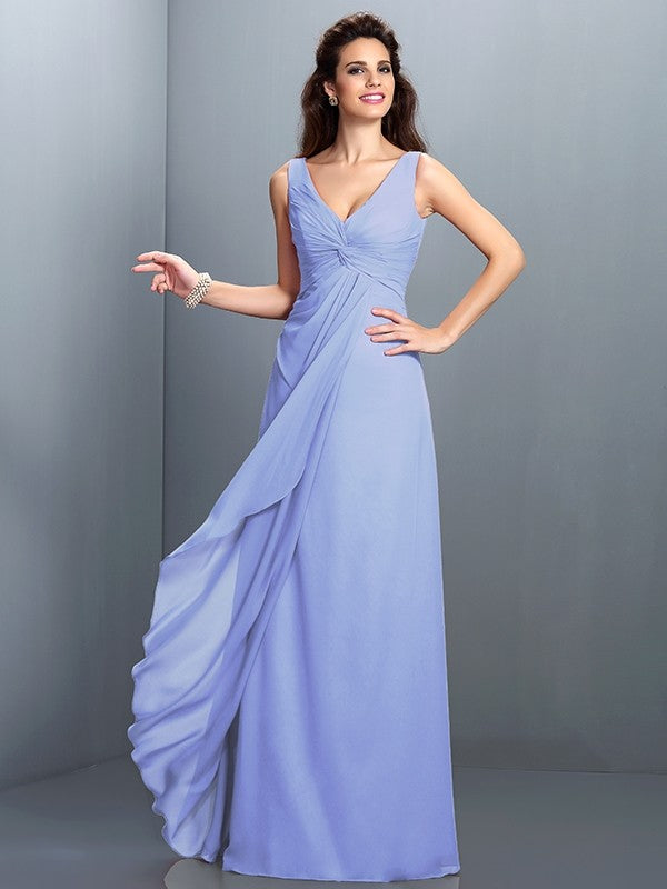 A-Line Charming Straps Pleats Sleeveless Long Chiffon Bridesmaid Dresses