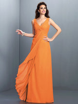 A-Line Charming Straps Pleats Sleeveless Long Chiffon Bridesmaid Dresses