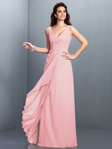 A-Line Charming Straps Pleats Sleeveless Long Chiffon Bridesmaid Dresses