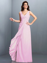 A-Line Charming Straps Pleats Sleeveless Long Chiffon Bridesmaid Dresses