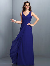 A-Line Charming Straps Pleats Sleeveless Long Chiffon Bridesmaid Dresses