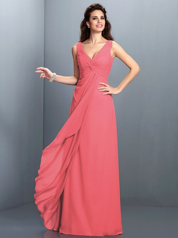 A-Line Charming Straps Pleats Sleeveless Long Chiffon Bridesmaid Dresses