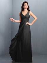 A-Line Charming Straps Pleats Sleeveless Long Chiffon Bridesmaid Dresses