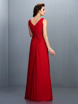 A-Line Charming Straps Pleats Sleeveless Long Chiffon Bridesmaid Dresses