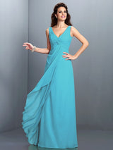 A-Line Charming Straps Pleats Sleeveless Long Chiffon Bridesmaid Dresses