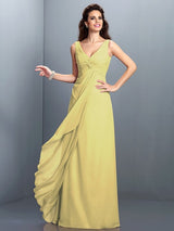 A-Line Charming Straps Pleats Sleeveless Long Chiffon Bridesmaid Dresses