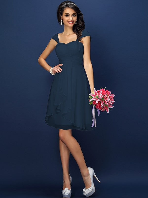 A-Line Charming Straps Pleats Sleeveless Short Chiffon Bridesmaid Dresses