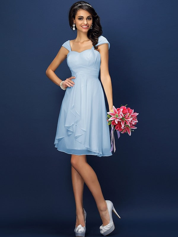 A-Line Charming Straps Pleats Sleeveless Short Chiffon Bridesmaid Dresses