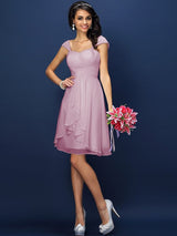 A-Line Charming Straps Pleats Sleeveless Short Chiffon Bridesmaid Dresses