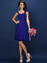 A-Line Charming Straps Pleats Sleeveless Short Chiffon Bridesmaid Dresses