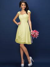 A-Line Charming Straps Pleats Sleeveless Short Chiffon Bridesmaid Dresses