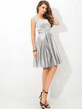 A-Line Charming Straps Pleats Sleeveless Short Satin Bridesmaid Dresses