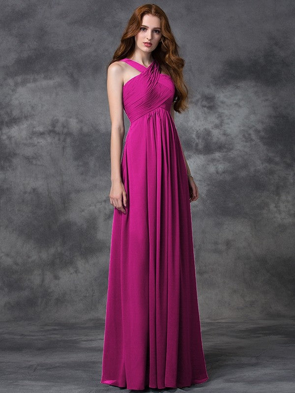 A-Line Charming Straps Ruched Sleeveless Long Chiffon Bridesmaid Dresses