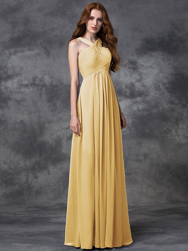 A-Line Charming Straps Ruched Sleeveless Long Chiffon Bridesmaid Dresses