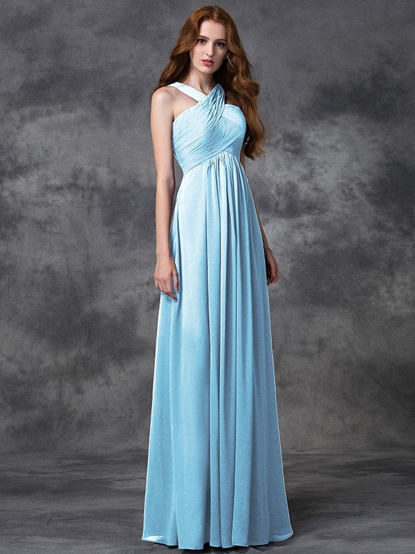 A-Line Charming Straps Ruched Sleeveless Long Chiffon Bridesmaid Dresses