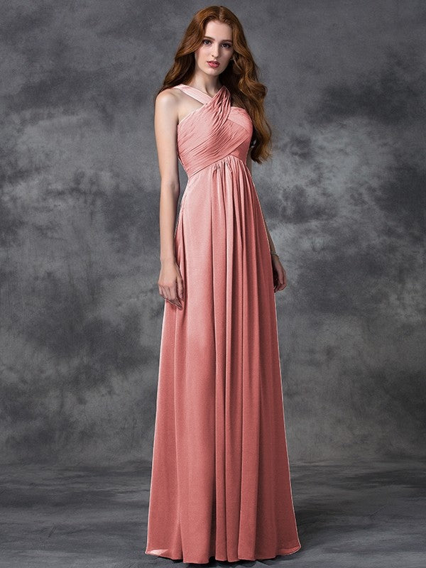 A-Line Charming Straps Ruched Sleeveless Long Chiffon Bridesmaid Dresses